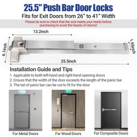 304 Stainless Steel Panic Bars for Emergency Exit Doors with Alarms - 25.5” Commercial Door Push Bar Panic Exit Device with Exterior Lever Handle, Panic Door Hardware for 26”-41”Wooden/Metal Doors