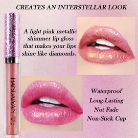 Lip Gloss Metallic Lipstick Glitter Lipgloss, Shimmer Non-Stick Cup Light Pink Lip Gloss, Lipsticks for Women Long-Lasting Waterproof Metallic Shimmer Liquid Lipstick Sparkle (#02)