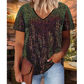 Lwcbcby Plus Size Sequin Shirts for Women Short Sleeve Party Tops Champagne V Neck Shimmer Wedding Blouse Pullover 3XL 20W 22W