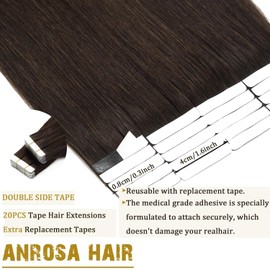 Anrosa Invisible Tape in Hair Extensions Human Hair 14 Inch Light Dark Brown Straight Thick Ends Straight Seamless Tape in Skin Weft Double Sided Remy Tape in Hair Extensions 20Pcs 50G #2A