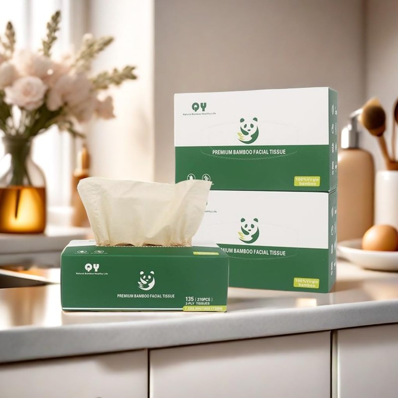 QingYa Unbleached Bamboo Facial Tissues - 12 Boxes of 100%