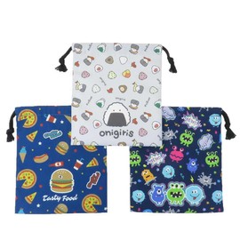 KoohaCreate Drawstring Bag Set S x 3 pieces Onigiri Food Monster Navy Gray 【132694】 For School, Training, and Hobbies