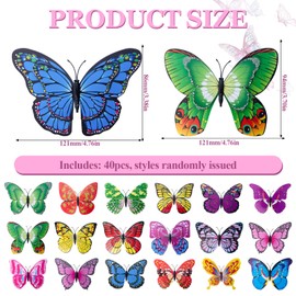 Bofanze Pack of 40 Butterfly Decoration with Clip, 12 cm, 3D Butterflies with Clip, Plastic Butterfly, Colourful Artificial Butterfly for Spring Flower Pot, Dining Table, Children's Room Decoration