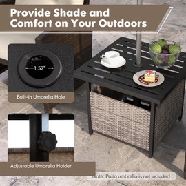 Tangkula Outdoor Table with Umbrella Hole, Rattan Umbrella Stand Table, Wicker Outside Side Table with Steel Metal Frame, Patio Bistro Table for Deck Garden Pool Yard, 22 x 22 x 18.5 Inch (Grey)