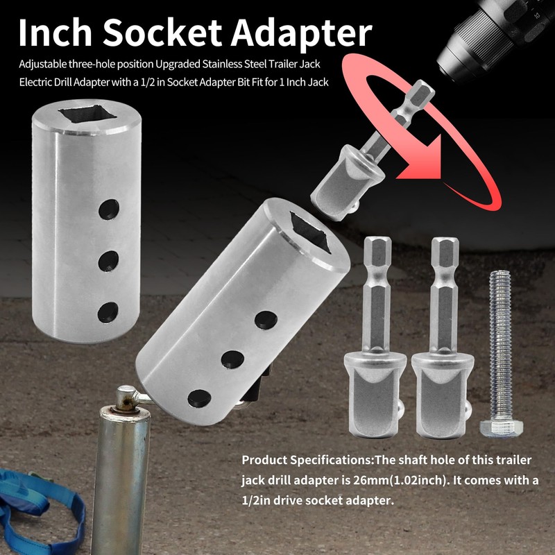Runfider Stainless Steel Trailer Jack Electric Drill Adapter, 1/2 Inch