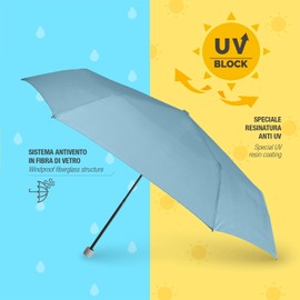 PERLETTI Umbrella UV Block Protection for Women Girls - Super Compact Pocket Umbrella Silver - Mini Umbrella Travel Umbrella Windproof Lightweight Colourful Stable - Diameter 91 cm Trend, Pastel blue,