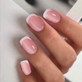 Press on Nails Short Square Acrylic Fake Nails with Apricot Design Full Cover False Nails Glossy Nude Glue on Nails Artificial Stick on Nails for Women 24Pcs (Frencn Beige Pink)