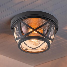 Oil-rubbed Bronze Flush Mount Ceiling Light Fixtures, 2-Light Farmhouse Porch Light Ceiling Mount with Seeded Glass, Industrial Outdoor Indoor Flush Mount Light Fixture for Kitchen Entryway & Foyer