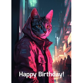 PIXILUV HAPPY BIRTHDAY Greeting card ~ Cute Little Cat in a Big City Lit with Neon Signs ~ Birthday Wishes Greetings Large Vintage Styled Card