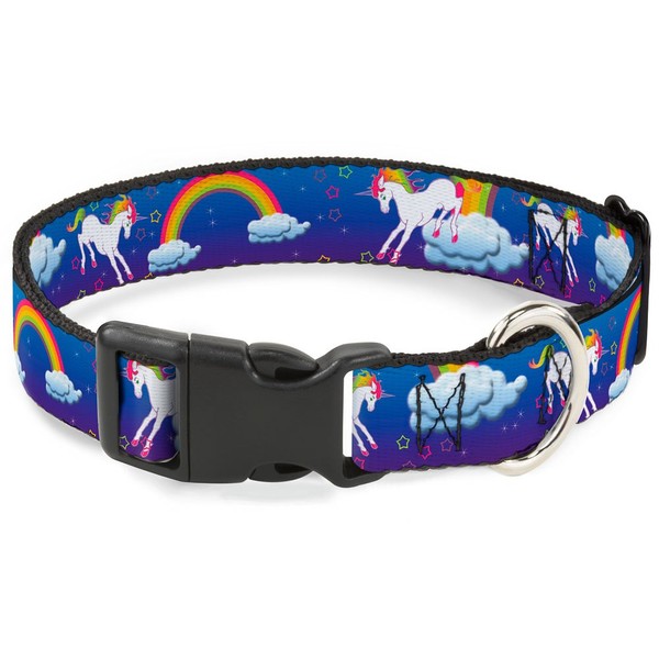 Buckle-Down Plastic Clip Collar - Unicorns/Rainbows/Stars Blue/Purple - 1.5" Wide - Fits 13-18" Neck - Small