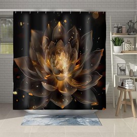 OSUNBD Lotus Shower Curtain Black and Gold Flower Shower Curtains Decor Spa Zen Spiritual Golden Floral Bath Curtain Set, Waterproof Fabric with Hooks 71"*74"(W180cm*L188cm) for Bathroom