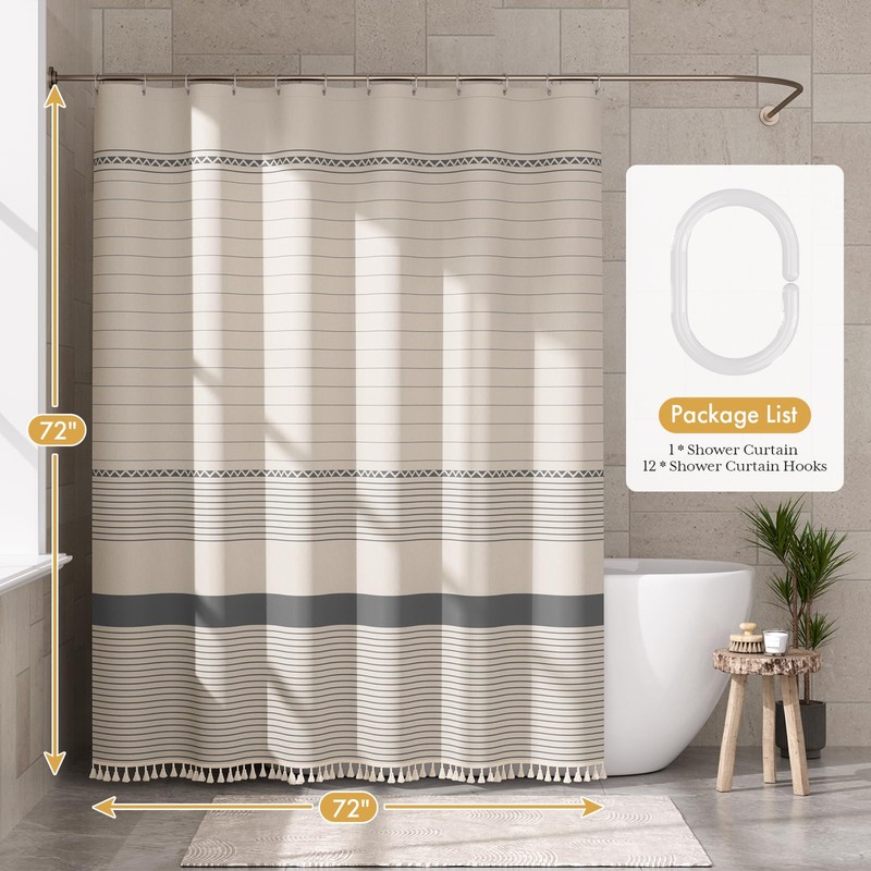 AmazerBath Boho Shower Curtain Set, Grey Shower Curtain with Tassels,