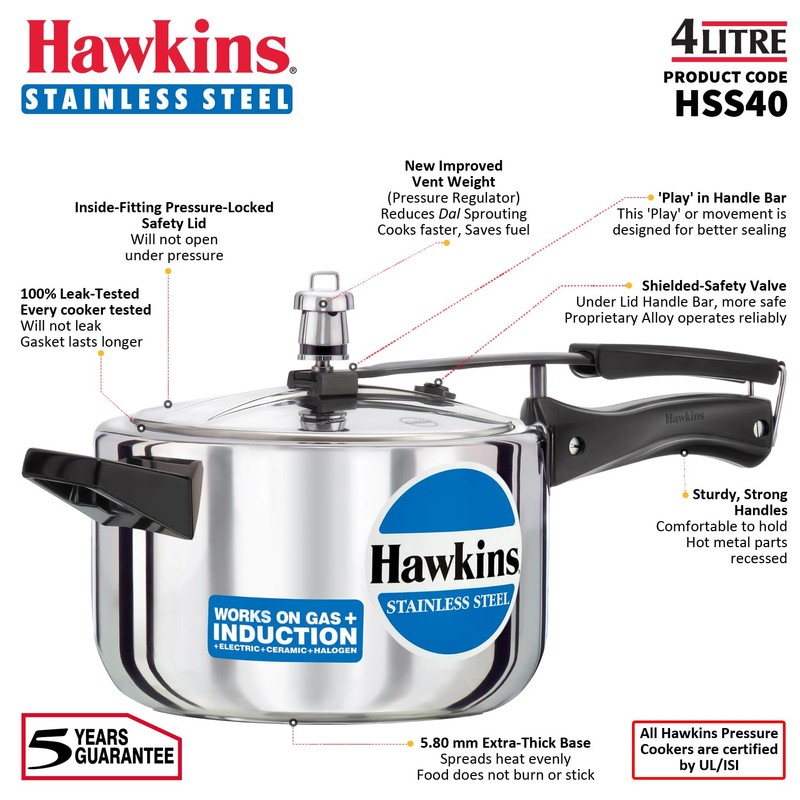 Hawkins 4 Litre Pressure Cooker, Stainless Steel Inner Lid Cooker,