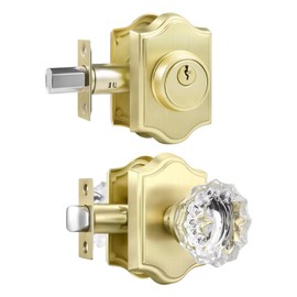 Leydebong 1 Pack Gold Crystal Glass Door Knob & Deadbolt Lock Set - Keyed Alike, Heavy Duty Entry Door Knob & Single Cylinder Deadbolt Combo for Front Doors, Offices, Satin Brass Finish