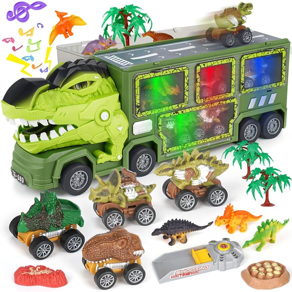 Aoskie Dinosaur Toys for Kids 3-5 Years Old, Tyrannosaurus Transport Car Carrier Truck with Roar Sound & Lights, 5 Pull Back Dinosaur Cars, Dino Figures, Slide, Gift for Boys & Toddler Toys Halloween