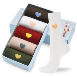 Corlap Women's Crew Calf Cotton Socks Fun Cute Heart Thin Soft Dress Socks,Above Ankle High Casual Socks(5Pairs Gifts Box)