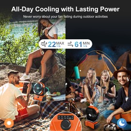 Odoland 40000mAh Camping Fan with LED Light, Battery Operated Oscillating Desk Fan with Remote & Hook, Rechargeable Outdoor Tent Fan with Timer for Hurricane Power Outage Travel Jobsite RV, Orange