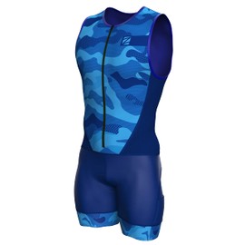 Zimco Elite Triathlon Suit Men Padded Triathlon Tri Suit Race Suit Swim Bike Run (Medium, Blue Camo)