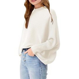 Girls Oversized Pullover Sweater Kids Fashion Batwing Long Sleeve Ribbed Knit Fall Tops White