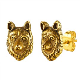 Wolf Head Earrings, Viking Style Norse Fenrir Gold Stud Earring, Stainless Steel Nordic Amulet Ear Gifts for Mothers Day Valentines Day
