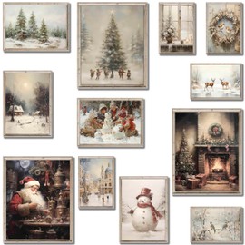 LANCHI95 12 Pcs Vintage Christmas Wall Art Prints, Christmas Wall Decor, Reindeer, Pine Tree，Santa Claus, Snowman, Winter Scene Decorations for Living Room, Bedroom (UNFRAMED) (Christmas 1)