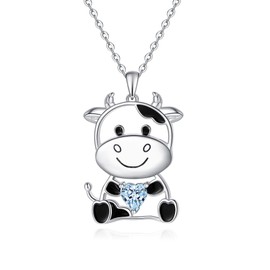 Cow Birthstone March Necklace 925 Sterling Silver Pendant Necklace Cow Charm Gifts for Women