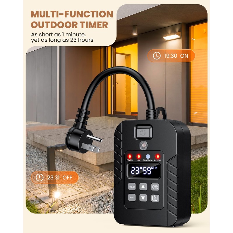 Outdoor Remote Control Outlet, ELECTOP Outdoor Timer with Countdown &