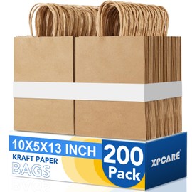 XPCARE Brown Paper Bags, 200 Packs 10x5x13 Inch Gift Bags with Handles Bulk Brown Paper Bags with Handles Retail Kraft Paper Bags Brown Gift Bags for Wedding Party Shopping