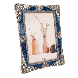 Lydemcia 4x6 Vintage Metal Picture Frame, Antique Enamel Luxury Photo Frame with Glass Front, Horizontal Or Vertical, Retro Decoration, Anniversary Birthday Wedding Gift, Blue