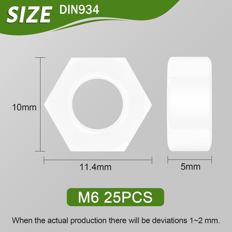 Jeboler Plastic Nuts M6 (Pack of 25), DIN934 Nylon Hex