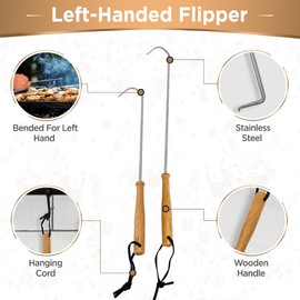 Lefty’s Left Handed BBQ Tool Meat Food Flipper Set of 2 - Premium Wooden Handle - Sharp Pointed Stainless Steel - Bended Hooks for Left-Handed People, Lefty, Adults, and Grilling Use
