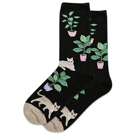 Hot Sox Womens Cats and Plants Crew Socks, 9-11, Black