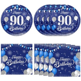 40PCS Happy Ninety Year Old Birthday Party Supplies Navy Blue and Silver 90th Birthday Party Tableware Set Including Plates Napkins for Men Women