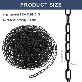 10 m steel chain, black, steel chain made of carbon steel, barrier chain metal, strong steel chain for hanging fences, dog guide chains, garage doors, swing chains, lamp chain