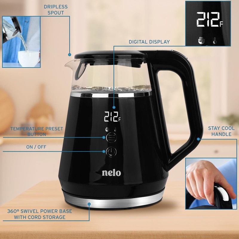 NELO Electric Kettle with 5 Temperature Control Presets, Large Digital