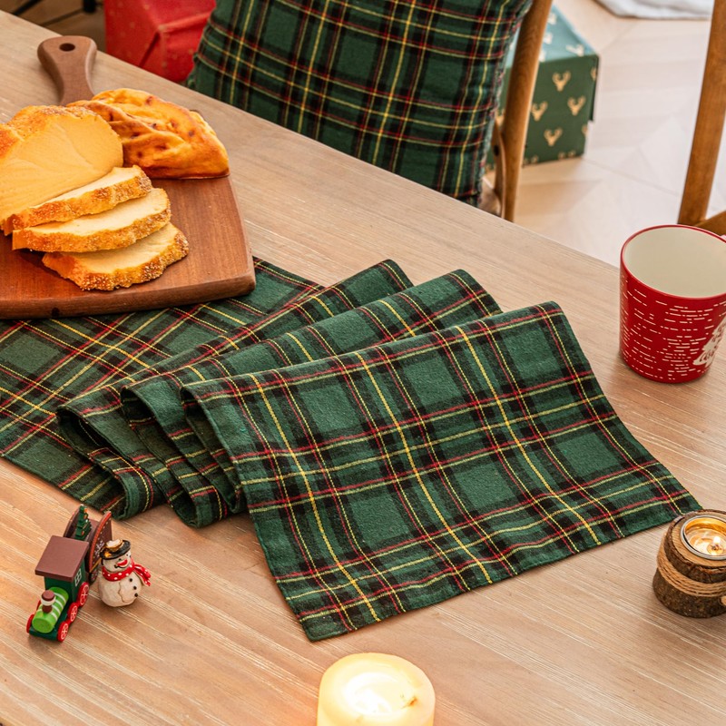 Green Yellow Plaid Christmas Table Runner, Winter Holiday Table Runners