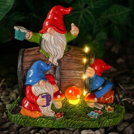 Tolimi Whimsical Garden Drunken Gnome Statue with Solar Light Mushrooms and Wine Barrel - Fun Resin Outdoor Decoration for Yard, Patio, or Home