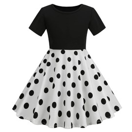 IWEMEK Kids Girls 50s Vintage Polka Dot Dress Retro Rockability Cocktail Swing Dress Short Sleeve 1950s Audrey Hepburn Dress 60s Colorblock Summer Dress Evening Prom Dress Black+White 4-5 Years