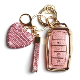 YIKECASE Key Fob Cover with Diamond Keychain Fit for Toyota Car Key Holder Compatible with Camry 2025, Venza 2019-2024, RAV4 Prime, Land Cruiser, Fortuner, Grand Highlander, Corolla, 4 Buttons (Pink)