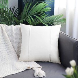 BRAWARM White Leather Throw Pillow Covers 16 X 16 Inches - Faux Leather Pillow Cover with Piping, Hand Stitched Leather Throw Pillow for Couch Sofa Bed Living Room Home Decorative