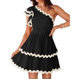 ZESICA Women's 2024 Summer One Shoulder Dresses Ruffle Short Sleeve Tiered Layered Swing A Line Mini Sundress,Black,Small