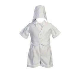 White Satin Christening Baptism Short Set with Vest and Hat - XL