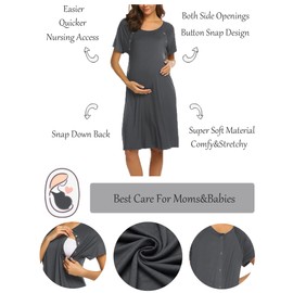 Ekouaer Womens, Maternity Nightgown Nightshirt, Robe 3 in 1 Labor Delivery Nursing Gown Button Down Soft Cotton Hospital Breastfeeding Night Dress, Gray, X-Large