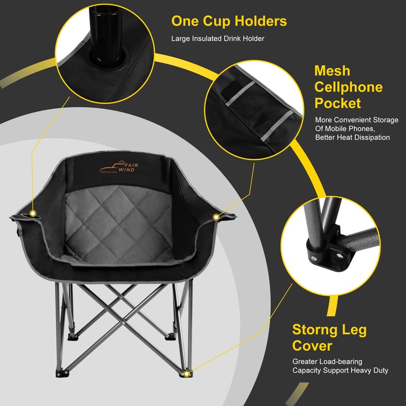 FAIR WIND Oversized Padded Camping Chair Heavy Duty Quad Fold
