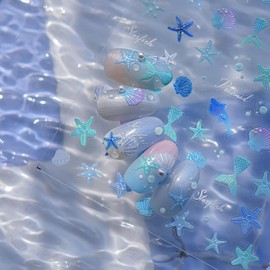 1 Sheets 5D Embossed Summer Nail Stickers for Nail Art Self-Adhesive Starfish Nail Art Stickers Shell Dolphin Mermaid Tail Nail Decals Ocean Theme Nail Design for Women DIY Nails Decoration