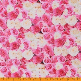Mook Fabrics Double Faced Quilted Cotton (43'' Wide), Roses/Dots Pink/White Cut by The Yard