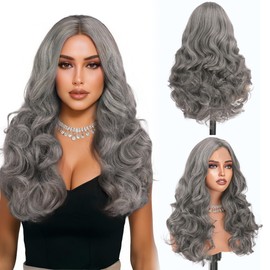 Sidaila Synthetic Lace Front Wig for Women,18 Inch Heat Resistant Wavy Wig,Natural Curly Hair Wigs with Middle Part,Soft & Realistic Look for Daily Use Party - Mix Gray