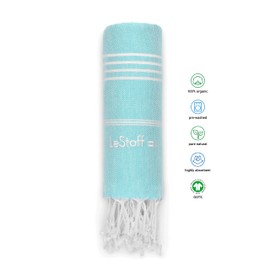 LeStoff - Toalla turca 100% algodón orgánico prelavada, 96,5 x 180,3 cm, ultra suave, altamente absorbente, secado rápido, playa, piscina, baño, yoga, gimnasio, sauna, viajes, spa, manta ecológica, Fouta Peshtemal, (aguamarina clara)