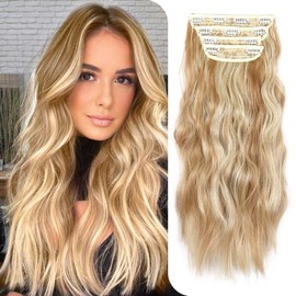 4PCS Clip in Hair Extensions for Women 20 Inch Honey Blonde Highlighted Beige Blonde Long Wavy Hair Extensions Full Head Synthetic Hair Hairpieces for Wedding Use
