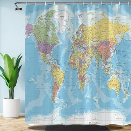 TOMOZ Map Shower Curtain, World Map Shower Curtain Fabric, Geography Educational Bathroom Shower Curtain with Hooks, Kids Bathroom Decor 60x70 Inch